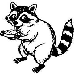 Obraz premium Cartoon Raccoon with Burger, Black and White Line Art