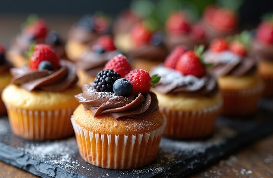 Closeup shot of cupcakes with chocolate cream and fresh berries. Delicious gourmet desserts for catering events. Sweet muffins with strawberry, raspberry, blueberry, blackberry on dark background.