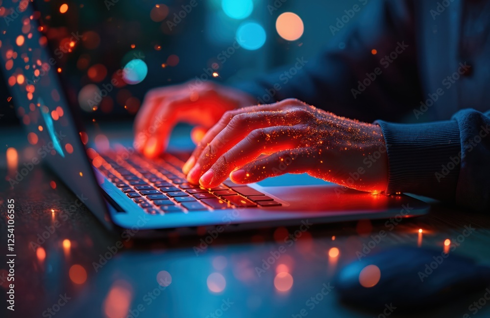 Poster Close-up of person hands coding on laptop. App, website code. Programmer writes software. Digital design. Software development, technology, remote work, cyber security concept.