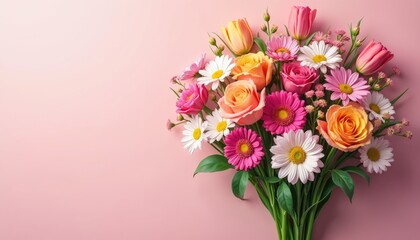 Obraz premium Vibrant bouquet of mixed garden flowers arranged on a light pink background with ample copy space. Roses, daisies, tulips and gerberas illustration. Floral design for greetings cards.