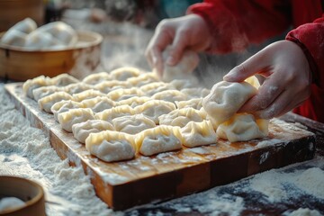 Local market dumpling making event close-up cultural experience in traditional culinary art