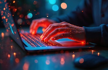Close-up of person hands coding on laptop. App, website code. Programmer writes software. Digital design. Software development, technology, remote work, cyber security concept.