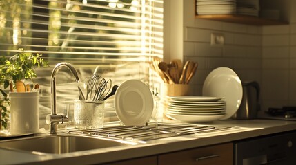 Sunny kitchen, clean dishes, morning light, preparing for meal