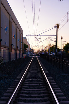 Caltrain Railroad in San Mateo at Sunset