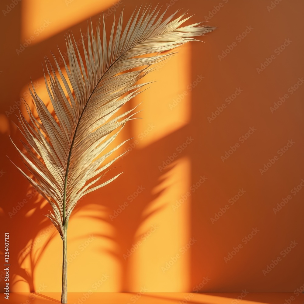 Poster elegant dried palm leaf stem casting sunlight shadows on warm orange background with copy space. sty