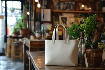 Charming white tote bag display in cozy urban lifestyle photography inviting environment