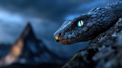 Fototapeta premium A snake with striking blue eyes rests on rugged terrain, its textured scales glistening in the twilight. The darkening sky contrasts with the peaks in the background
