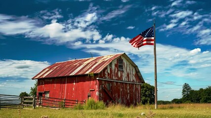 A red barn with an american flag flying in front of it - Powered by Adobe