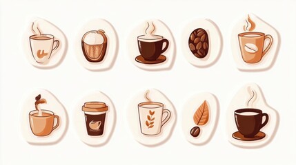 Fototapeta premium style stickers featuring various coffee cups and coffee beans in warm tones and playful designs. Generative AI