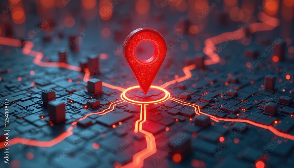 Poster glowing red location pin hovers over futuristic tech cityscape. digital navigation, gps concept. des