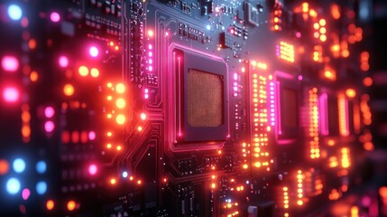 Obraz premium Illuminated Circuit Board Featuring Central Processor