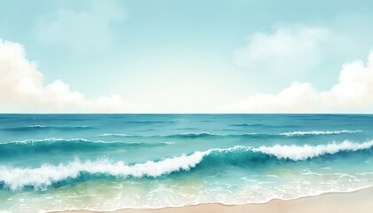 Obraz premium Watercolor painting of tranquil ocean waves under clear sky. Sea scenery. Serene blue nature landscape. Calm water, summer vacation and relaxation. Artistic seascape background illustration.