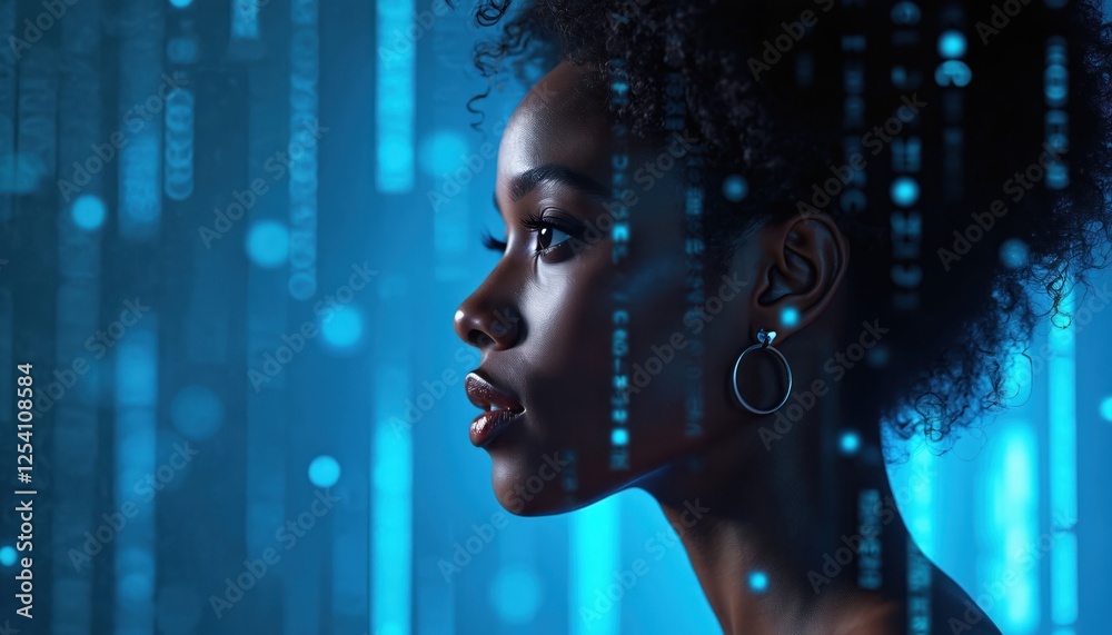 Poster profile portrait of african american woman against backdrop with digital code. blue, black futuristi
