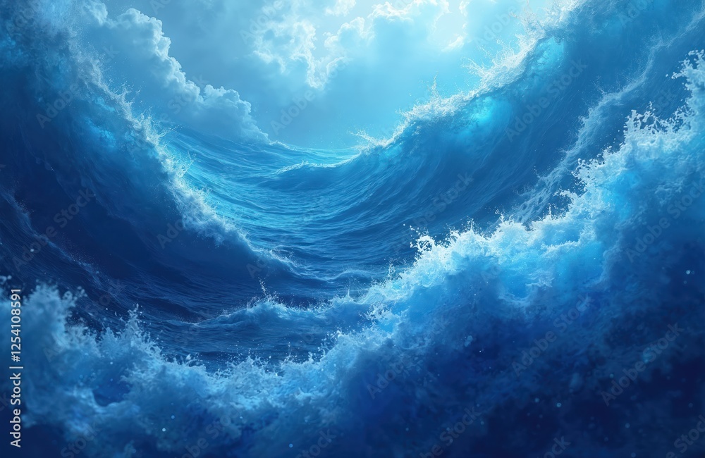 Poster generative ai illustration of ocean waves with sapphire blue color scheme. deep ocean water with foa