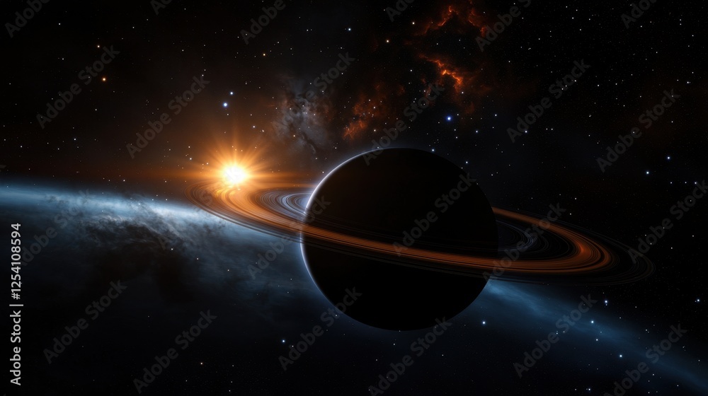 Canvas Prints a dark planet with vibrant rings orbits in deep space as a bright star rises behind it, illuminating