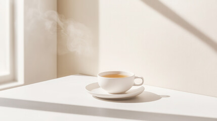 Minimalist aesthetic with steaming cup of tea in sunlit setting