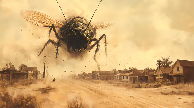 A deserted town is overshadowed by the looming presence of a giant insect emerging from a dust storm. Insectoid Metropolises. Illustration