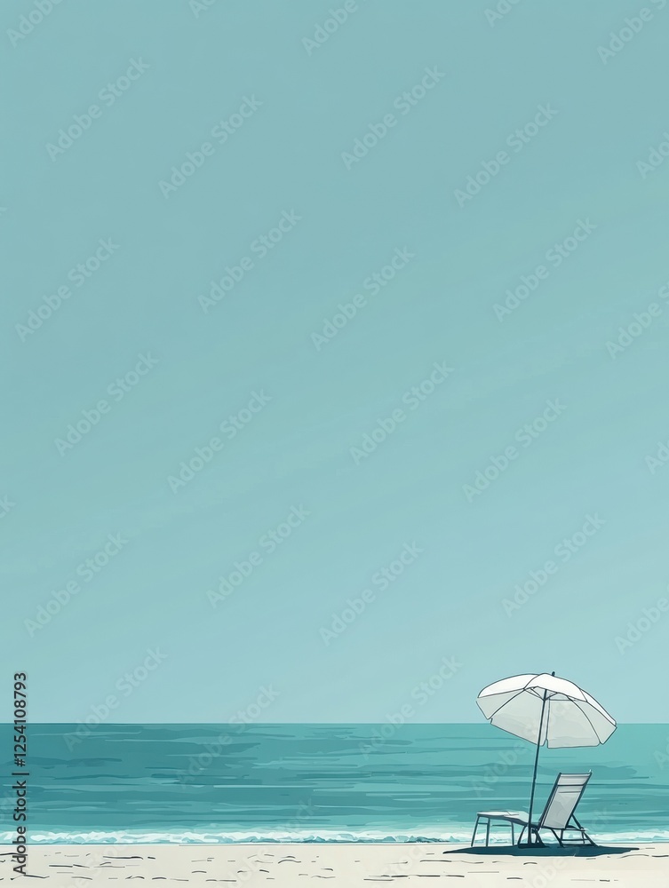 Poster relaxing lounge chair and umbrella on a tranquil beach with calm ocean waves under a clear blue sky.