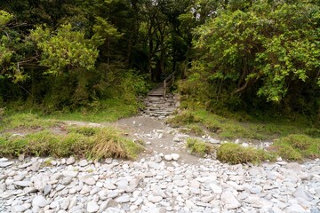 Path Leading Out of a Dried Rocky Riverbed into the Forest – Scenic Nature Trail