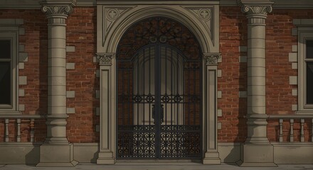 Obraz premium Architectural Building Facade with Ornate Iron Gate and Brick Wall