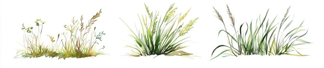 Fototapeta premium Watercolor Grass Tufts, Meadow Plants, White Background, Design Elements