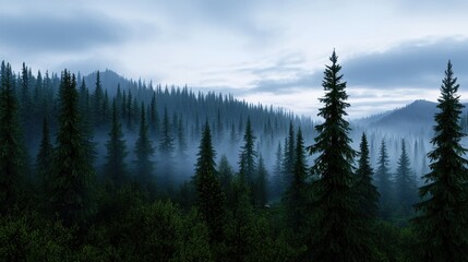 A tranquil forest landscape at dawn with towering evergreen trees. Thick fog blankets the ground, creating an ethereal atmosphere as hills rise gently in the background