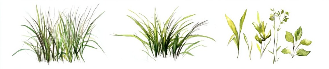 Fototapeta premium Watercolor Grass, Herbs, Plants, White Background, Design