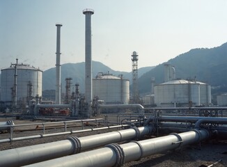 Petrochemical factory view at Yeosu Industrial Complex, South Korea. Oil refinery plant with pipes, storage tanks, chimneys against sky, mountain. Energy, fuel industry infrastructure.