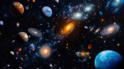 Stars glimmer in the deep expanse of space as numerous planets and galaxies float through the cosmos, showcasing the beauty of the universe at night