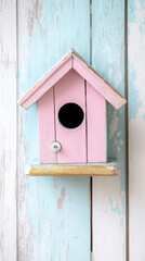 Charming pastel painted birdhouse on rustic wooden background for summer decor
