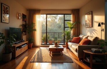 Fototapeta premium Panoramic view cozy interior of australian home with sunlight. Minimal decor with wood elements living room setting with sofa, plants, carpet. Everyday life concept with warm lighting.