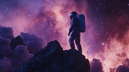 Obraz premium Astronaut Standing on Rocky Alien Surface with Dazzling Space Nebula Background
