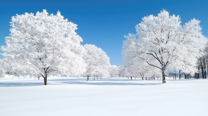 Winter wonderland, snow-covered trees, bright blue sky, serene landscape, perfect for winter themes