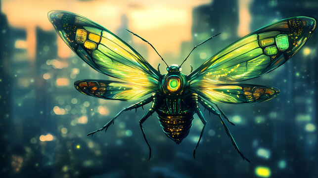 Futuristic insectoid android with wings. Insectoid Metropolises. Illustration