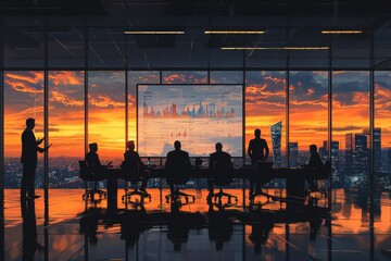 Strategic business meeting at sunset city skyline corporate presentation modern office silhouetted view leadership insights
