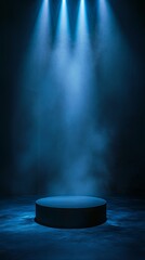 Atmospheric Stage with a Cool-Toned Podium and Ethereal Blue Light Beams. Copy space. Generative AI
