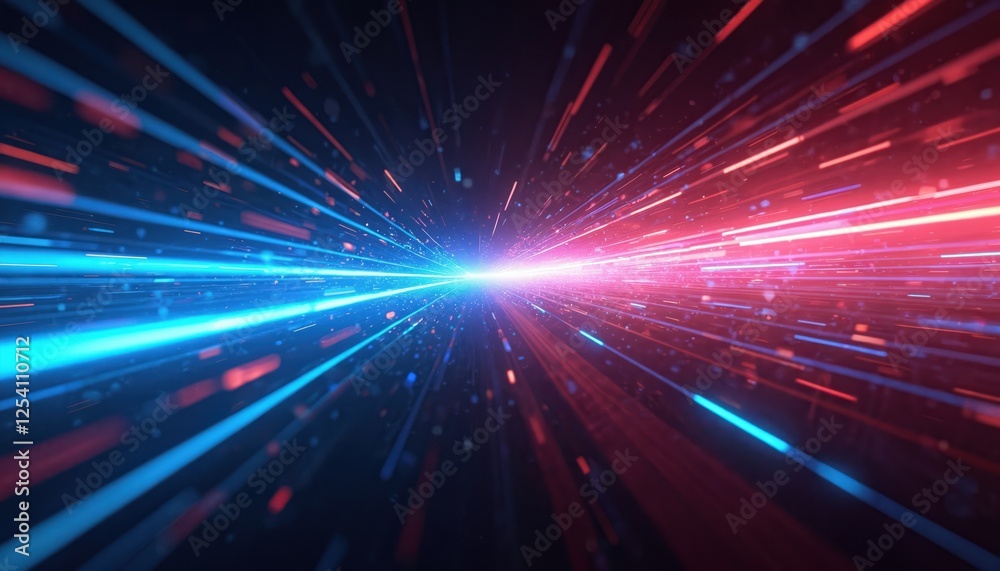 Poster illustration of blue laser beam effect dash with high-speed shine on black background conveys energy