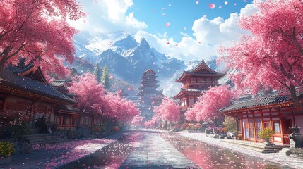 Fototapeta premium A serene landscape featuring cherry blossoms, traditional architecture, and majestic mountains.