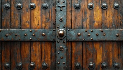 Fototapeta premium Heavy fortress gate made aged oak and iron studs, reminiscent medieval times