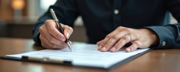 Legal pro signs official document with silver pen. Man conclude agreement. Paperwork on desk. Business deal, contract approval. Signing authority emphasizes decision finality. Protocol requirements.
