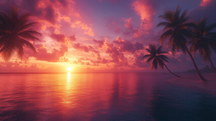 Breathtaking tropical beach at sunset with palm trees