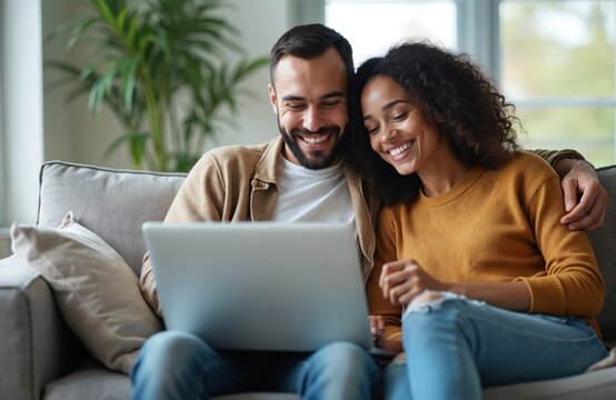Smiling multiracial couple watches computer laptop sitting on sofa at home. Diverse husband, wife using pc online services. Technology lifestyle concept. Booking tickets, shopping online. - Powered by Adobe