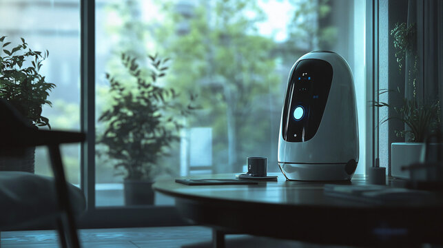 A futuristic virtual assistant helping users with everyday tasks, seamlessly integrating into home environments through smart devices and voice commands.