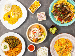 Comida peruana criolla, aji de gallina, lomo saltado, ceviche, seco con frejoles, arroz con mariscos