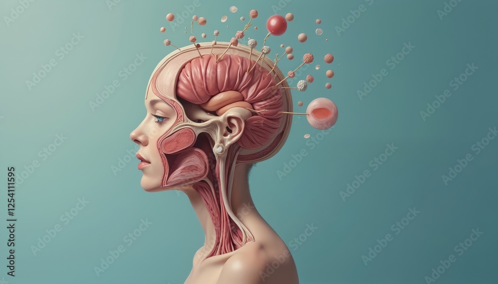 Aufkleber surreal profile of human head with visible brain anatomy and small floating elements. intricate cuta