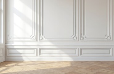 Classic white wall with molding panel and beige parquet floor. Empty room design with copy space, sunlight for luxury interior apartment background mock-up.