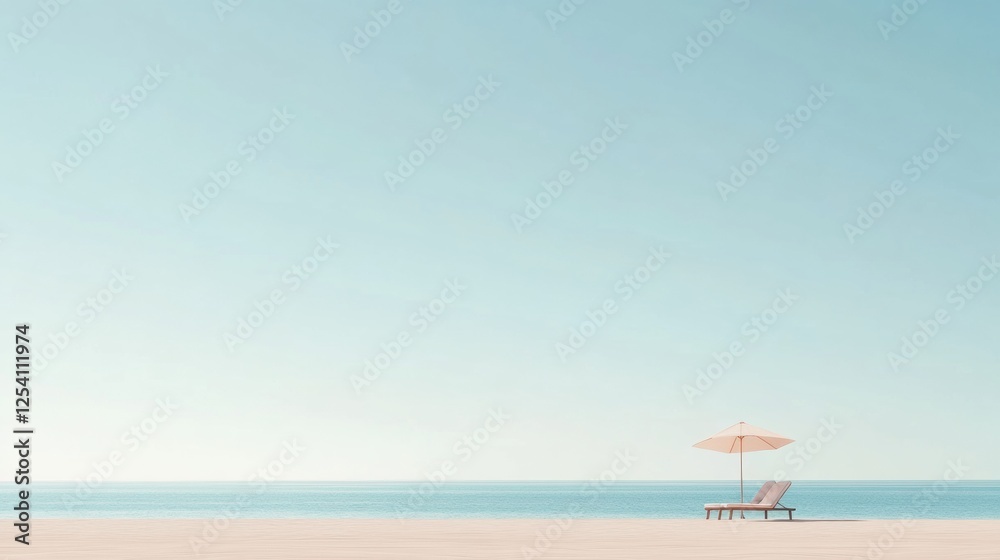 Poster relaxing at a serene beach with a lounge chair and umbrella by calm ocean waves under a clear blue s
