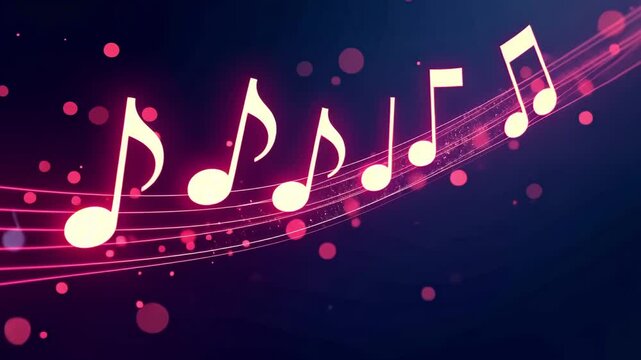 Close-up of the neon music grid with lights hanging musical notes in neon pink highlights and bokeh on a dark background, moving up and down as they approach smoothly. The concept of music, sheet musi