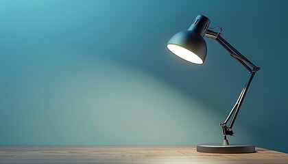 Modern desk lamp shining on a wooden tabletop with a light blue background, capturing the simplicity and elegance of soft color tones in high resolution.