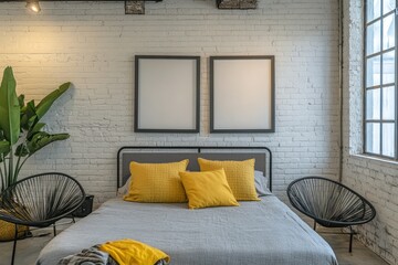 Loft bedroom, gray bed, yellow pillows, mockup frames, industrial window